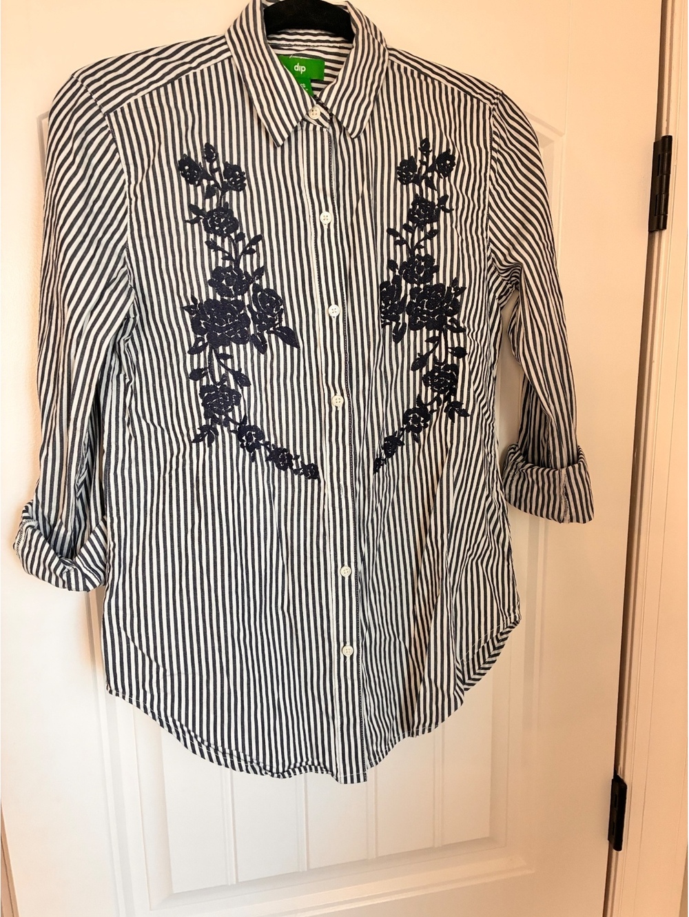 dip Women's XS Striped Button-Up Shirt with Floral Embroidery